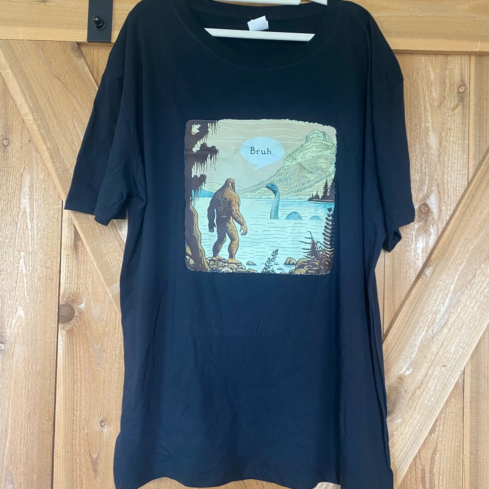 NWT Funny Bigfoot, Sasquatch and the Loch Ness Monster “Bruh” Dinosaur, T-Shirt